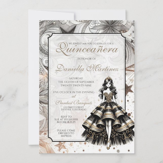 Invitación Chica de Quinceañera de Oro y Negro (Anverso)