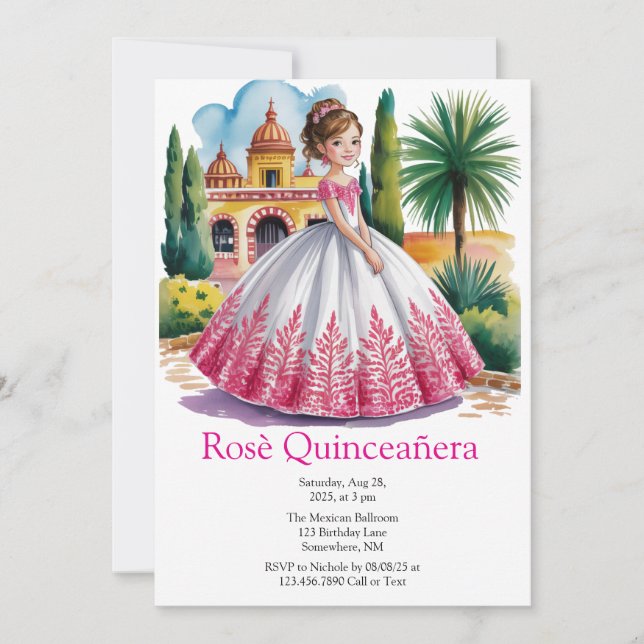 Invitación Chica de Quinceañera en traje rosa y blanco (Anverso)