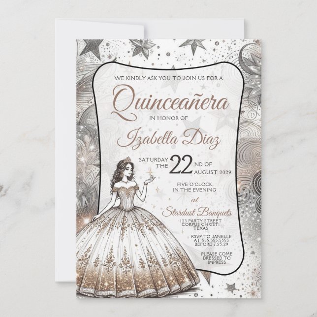 Invitación Chica de Quinceañera Gold (Anverso)