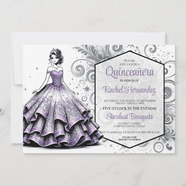 Invitación Chica de Quinceañera morado y plateado (Anverso)