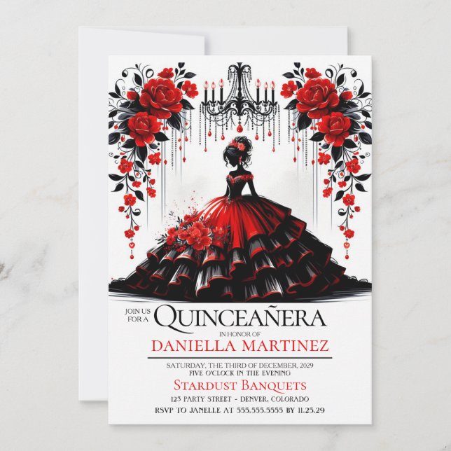 Invitación Chica de Quinceañera Negro & Rojo (Anverso)
