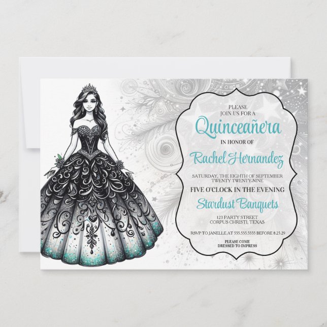 Invitación Chica de Quinceañera negro y Verde azulado (Anverso)