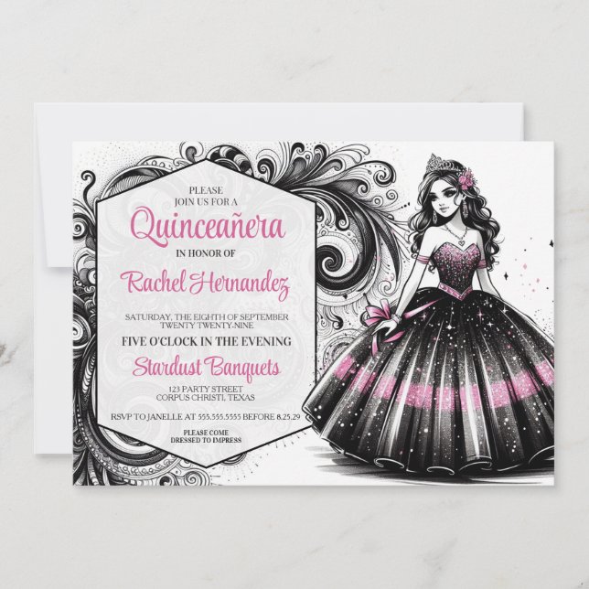 Invitación Chica de Quinceañera Rosa y Negro (Anverso)