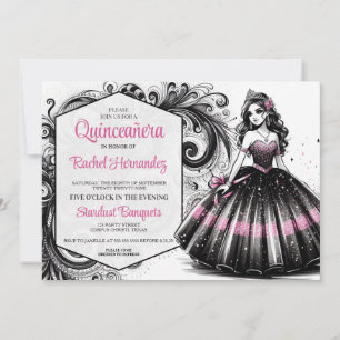 Invitación Chica de Quinceañera Rosa y Negro