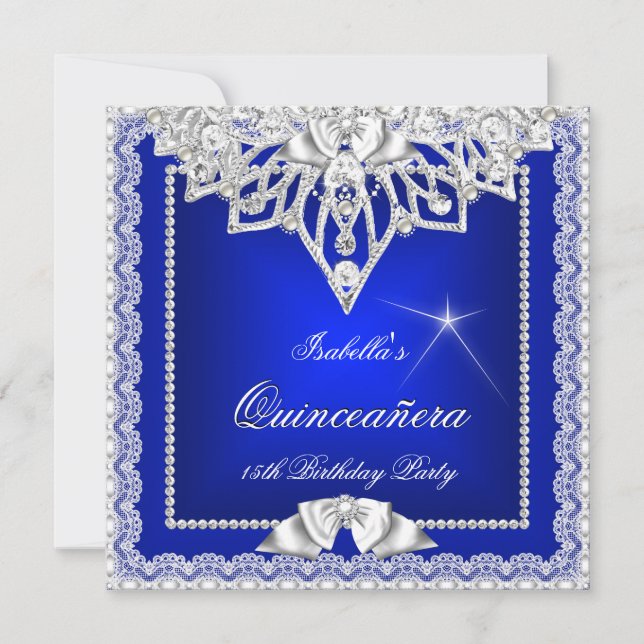 Invitación Chica de Quinceanera Verde azulado Tiara Azul Real (Anverso)