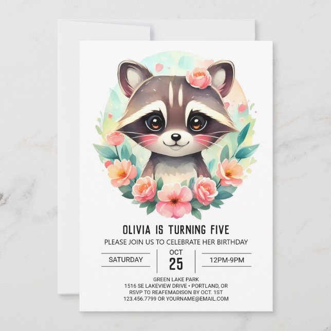 Invitación Chica de Raccoon Forestal Encantado Cumpleaños (Anverso)
