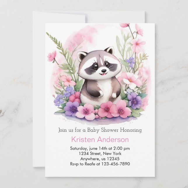 Invitación Chica de Raccoon Wildflower Rosa Baby Shower (Anverso)