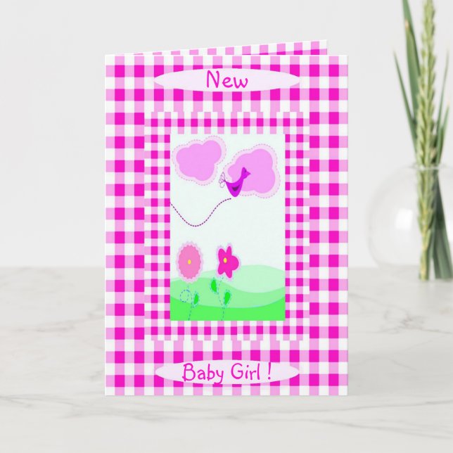 Invitación Chica de Recién nacido Rosa Vichy (Anverso)