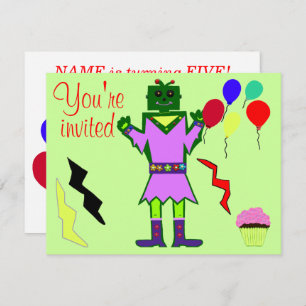 Invitación Chica de Robot Verde y pasteles de globos Cumpleañ