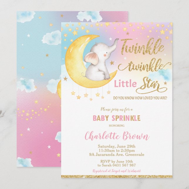 Invitación Chica de rociado de bebé elefante Twinkle Little S (Anverso / Reverso)