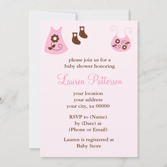 Invitación Chica de ropa de bebé rosa Baby Shower (Anverso)