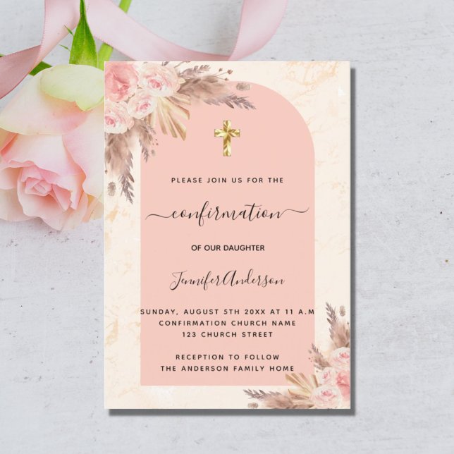 Invitación Chica de rosa de mármol de pampas de confirmación (Subido por el creador)