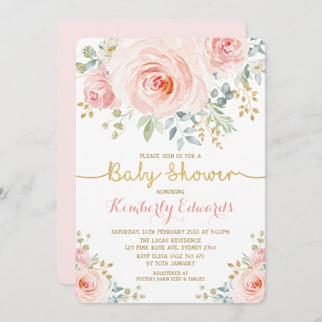 Invitación Chica de Rosa Rubor Gold Floral Baby Shower (Anverso / Reverso)