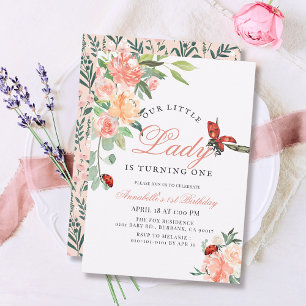 Invitación Chica de Rosas de Little Lady Ladybug Primer cumpl