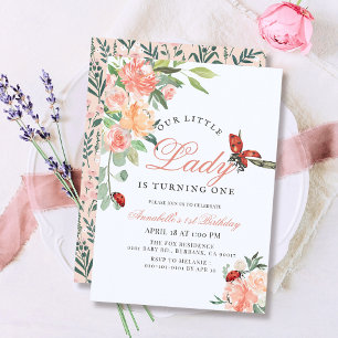 Invitación Chica de Rosas de Little Lady Ladybug Primer cumpl