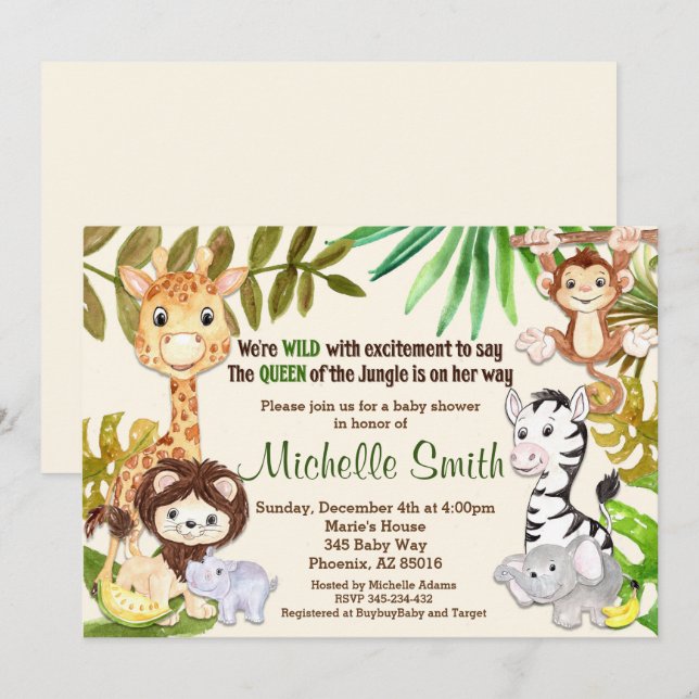 Invitación Chica de Safari de la Selva Reina de Baby Shower (Anverso / Reverso)