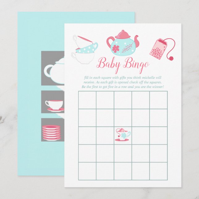 Invitación Chica de Shabby-Moda Baby Shower Tea Fiesta Bingo (Anverso / Reverso)