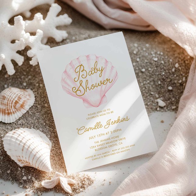 Invitación Chica de Shell de la playa de verano Baby Shower (Pink Girl Beach Baby Shower Invitation)