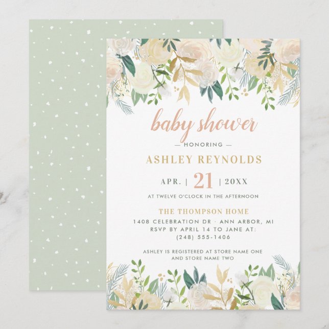 Invitación Chica de shower de bebé de flores verdes crema rub (Anverso / Reverso)