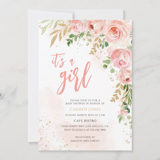 Invitación Chica de Shower de Bebé Floral (Anverso)