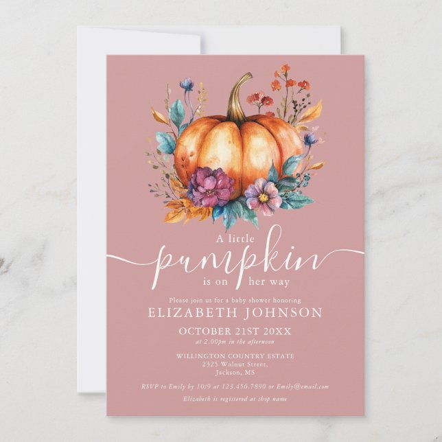 Invitación Chica de shower para bebé calabaza pequeña polvori (Anverso)