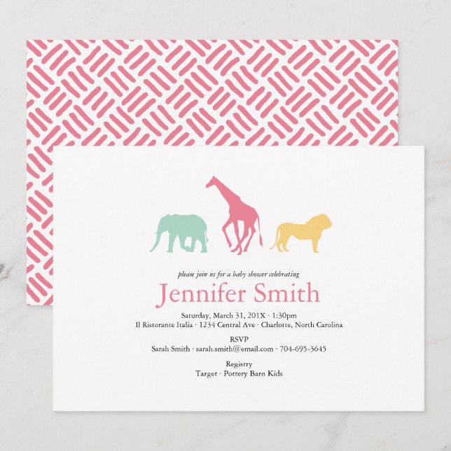 Invitación Chica de silueta de Safari Animal Simple Baby Show (Anverso / Reverso)