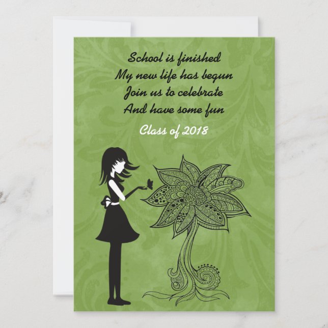 Invitación Chica de silueta, mariposa y graduación de flores (Anverso)