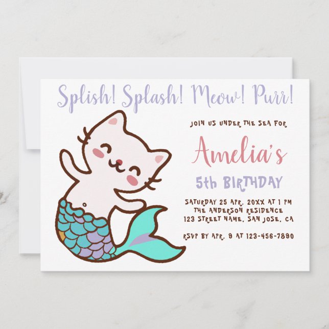 Invitación Chica de sirena de gato Cumpleaños Meowmaid Purrma (Anverso)