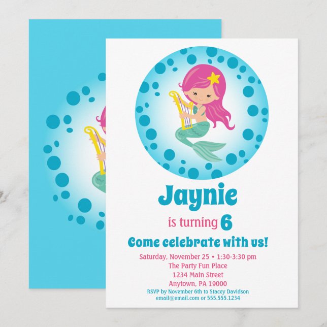 Invitación Chica de sirena - Fiesta de cumpleaños de pelo ros (Anverso / Reverso)