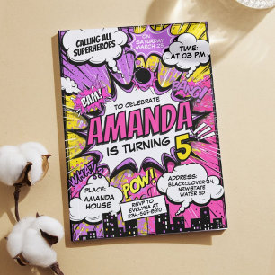 Invitación Chica de Superhéroes de Comic Retro Fiesta de Cump