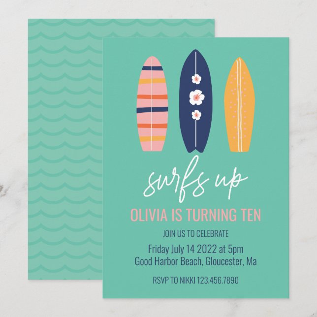 Invitación Chica de Surfboard fiesta de cumpleaños en la play (Anverso / Reverso)