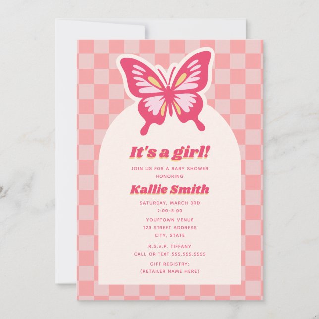 Invitación Chica de tablero de ajedrez rosa de mariposa Baby  (Anverso)