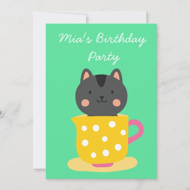 Invitación Chica de té de gatito lindo fiesta de cumpleaños (Anverso)