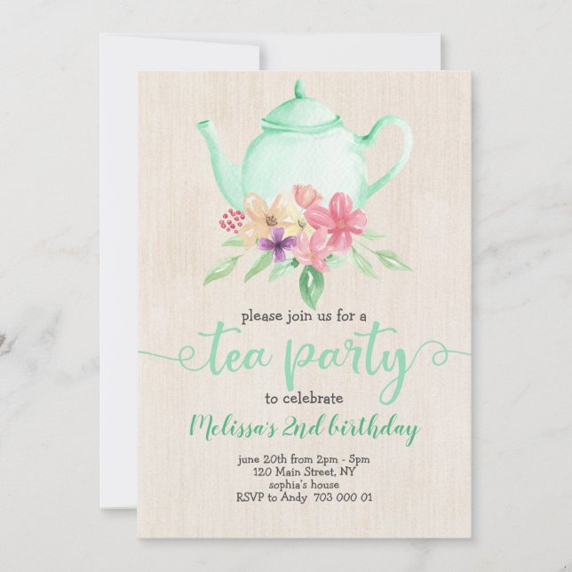 Invitación Chica de té Fiesta de cumpleaños Mint acuarela Ver (Anverso)