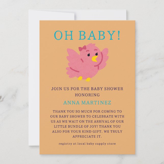 Invitación Chica de tema de pájaro rosado lindo Baby Shower (Anverso)