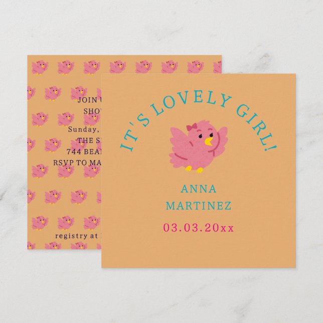 Invitación Chica de tema de pájaro rosado lindo Baby Shower (Anverso / Reverso)