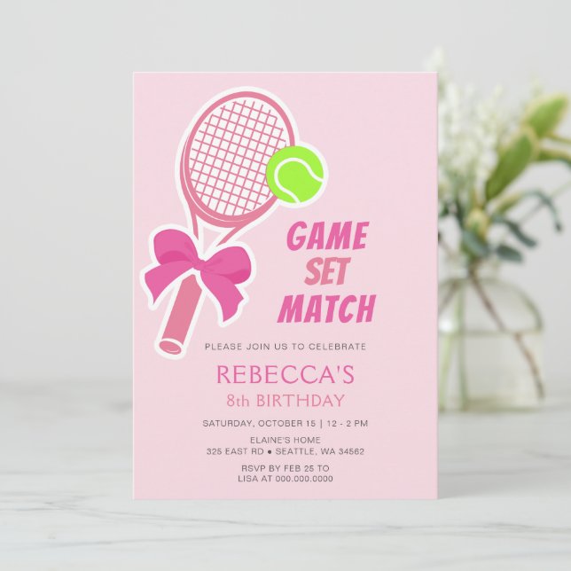Invitación Chica de tenis Coquette Pink Bow Cumpleaños (Anverso de pie)