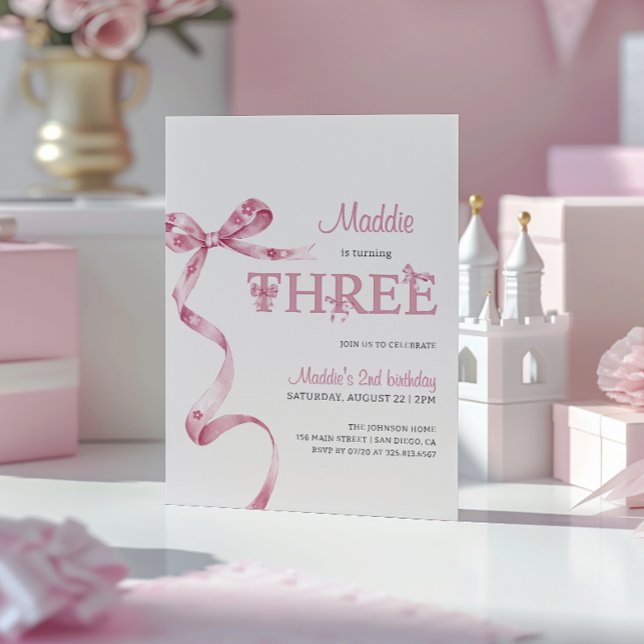 Invitación Chica de tercer cumpleaños de Bow rosa suave (Subido por el creador)