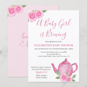 Invitación Chica de tetera rosa Baby is Brewing Shower de beb