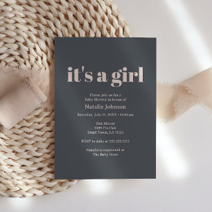 Invitación Chica de tipografía boho gris rosa Baby Shower
