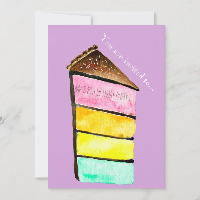 Invitación Chica de torta de arcoiris suave o fiesta de cumpl (Anverso)