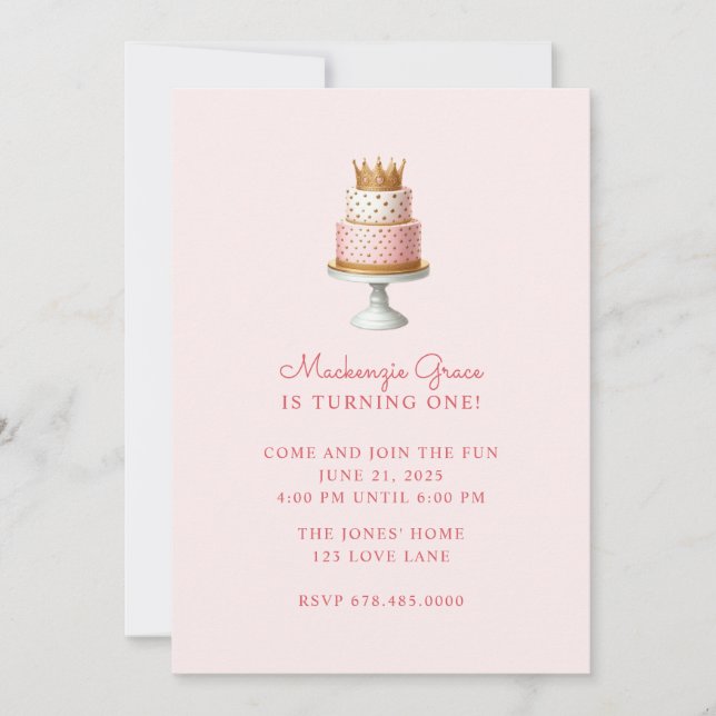 Invitación Chica de torta de cumpleaños de la princesa rosa (Anverso)