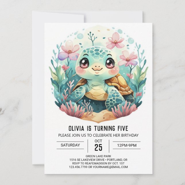 Invitación Chica de tortuga rosa acuática Cumpleaños (Anverso)