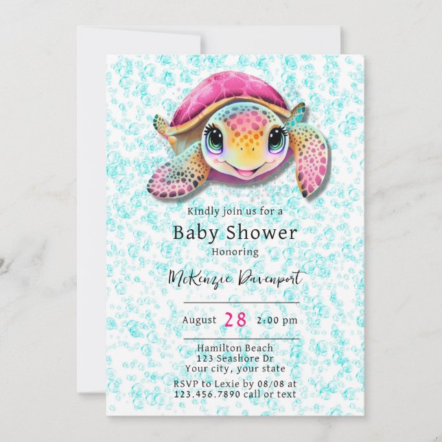 Invitación Chica de tortuga rosa y Verde azulada Baby Shower (Anverso)