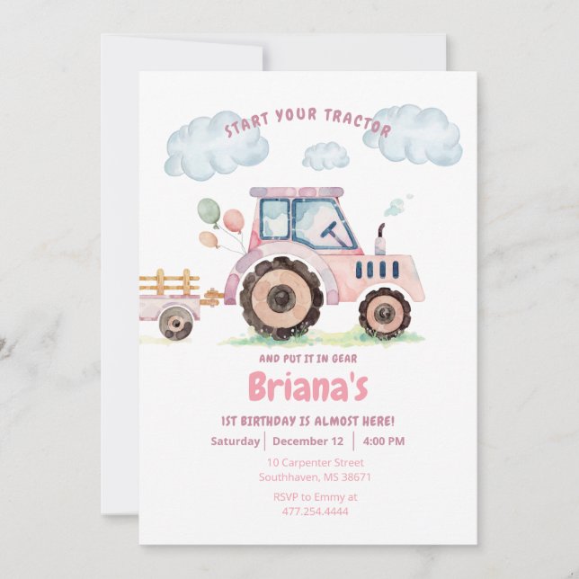 Invitación Chica de Tractor de Granja Rosa Cualquier Invitaci (Anverso)