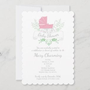 Invitación chica de transporte de vintage BABY SHOWER rosado 