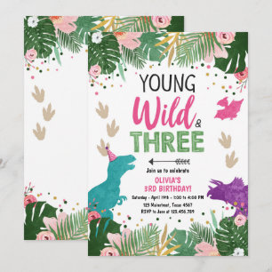 Invitación Chica de tres Dinos Fiestas rosados cumpleaños de 