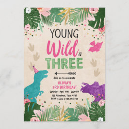 Invitación Chica de tres Dinos Fiestas rosados cumpleaños de 