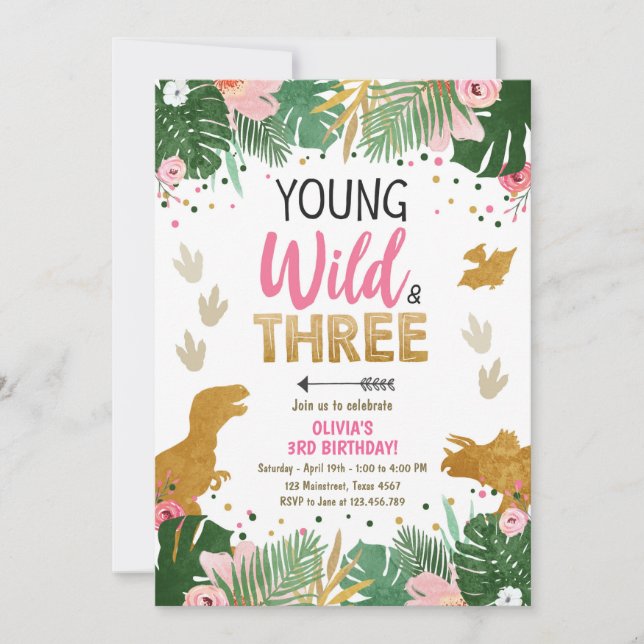 Invitación Chica de tres Dinos Fiestas silvestres (Anverso)