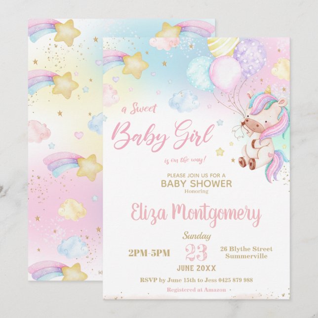 Invitación Chica de unicornio arcoiris suave Baby Shower (Anverso / Reverso)